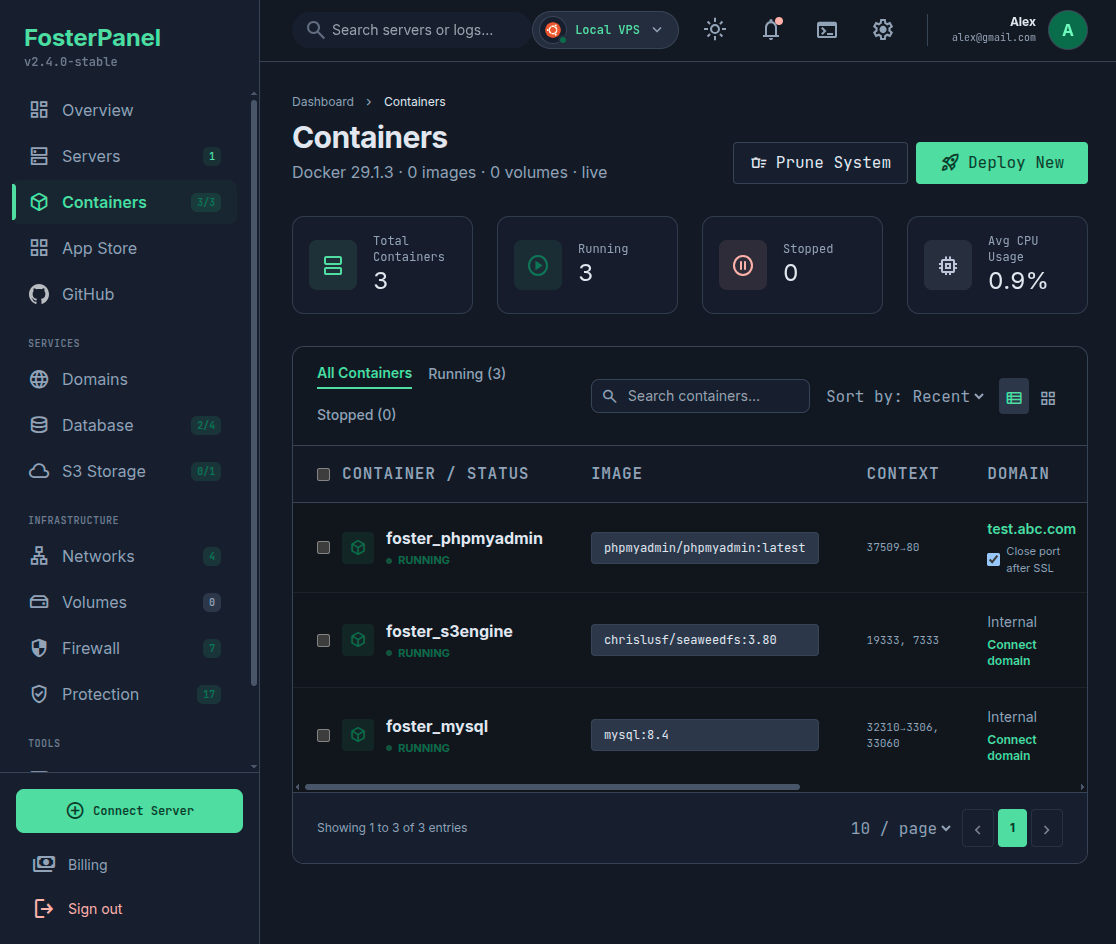 FosterPanel container management (dark mode)